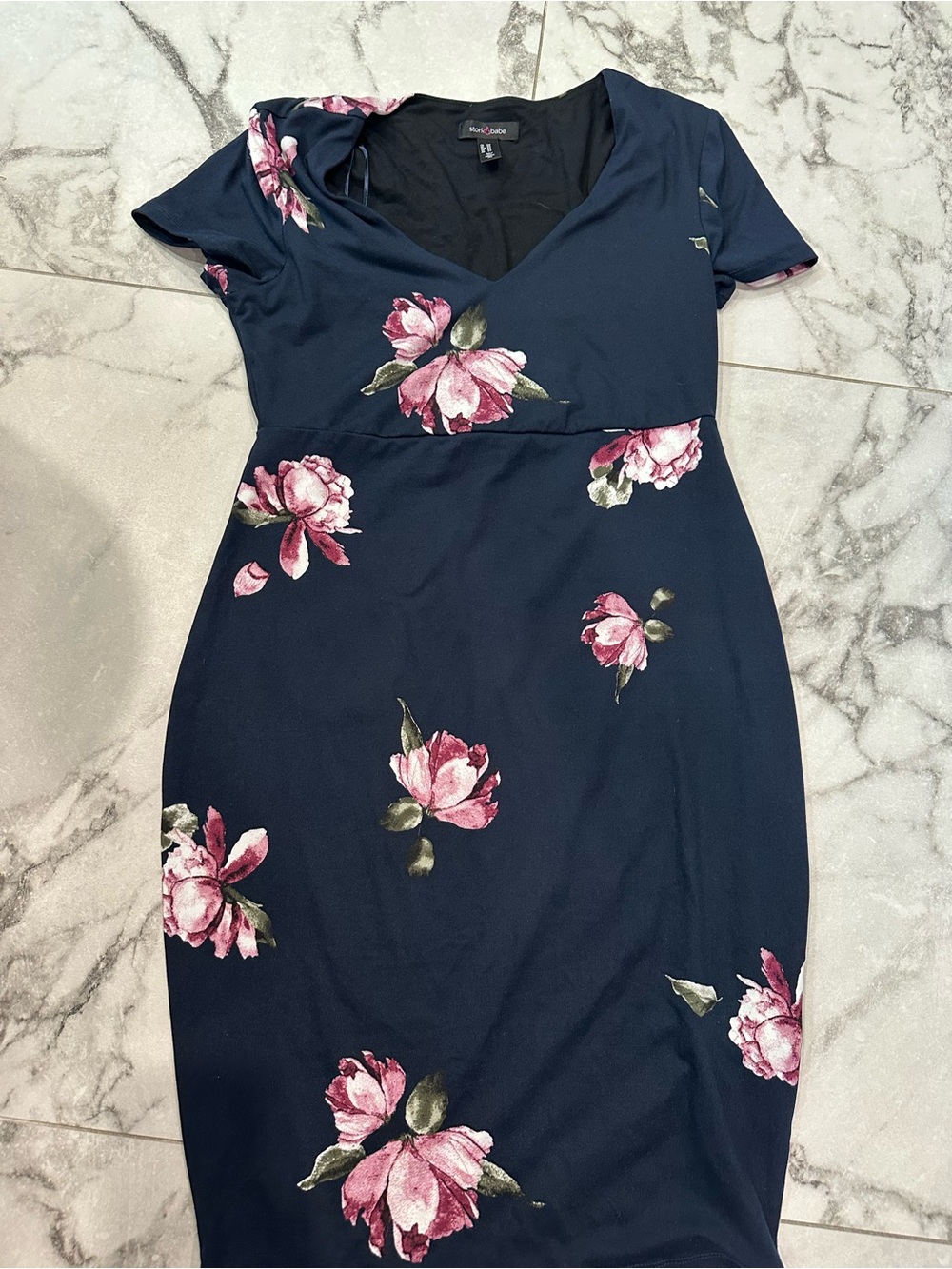 Maternity Navy Midi Dress with Pink Floral Print